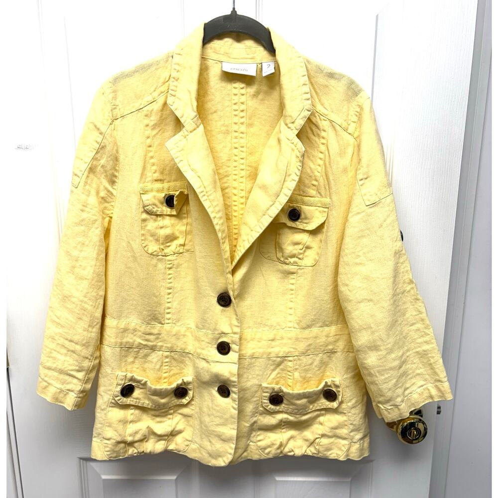 Chico's Blazer Butter Yellow Linen Tab Sleeves, Big Buttons, Women's XL